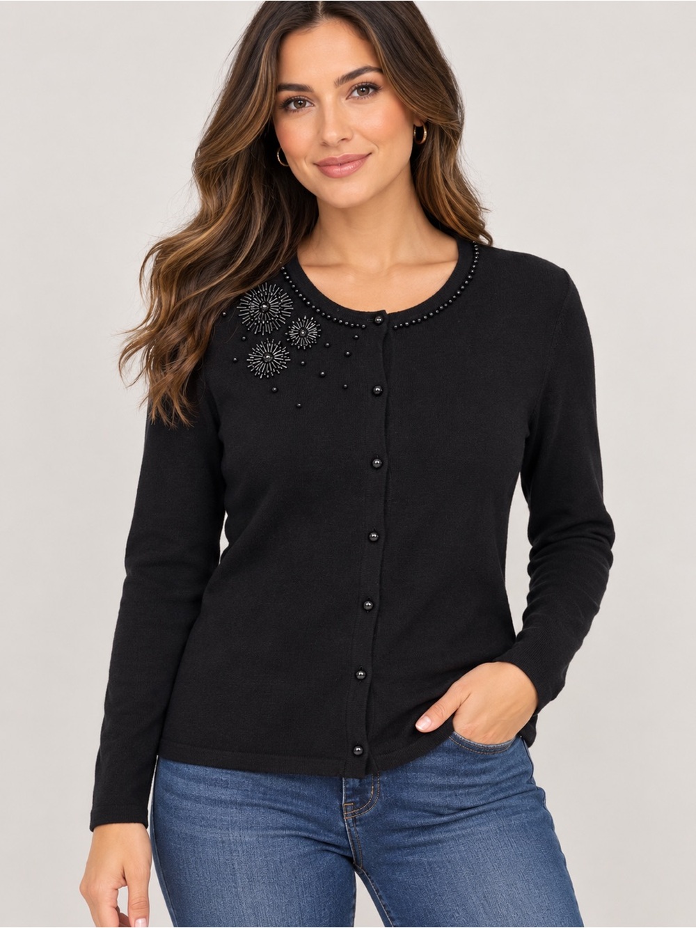 Talbots Black Embellished Cardigan Sweater